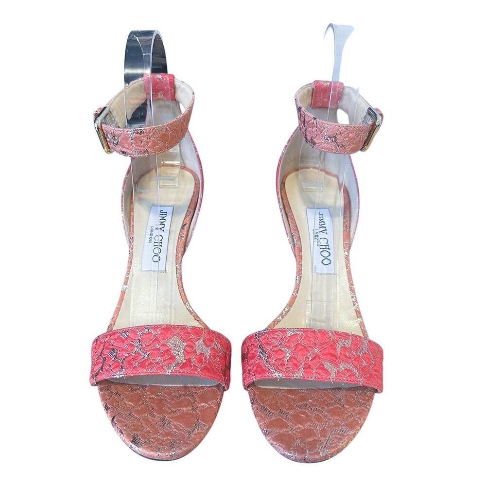 Jimmy Choo Edina Floral Pink Jacquard Ankle Strap High Heel Sandals EU 38.5 - Picture 2 of 11